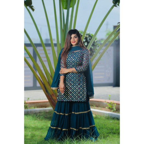 Gorgeous Blue Base Sequence Work Sharara Suit Style